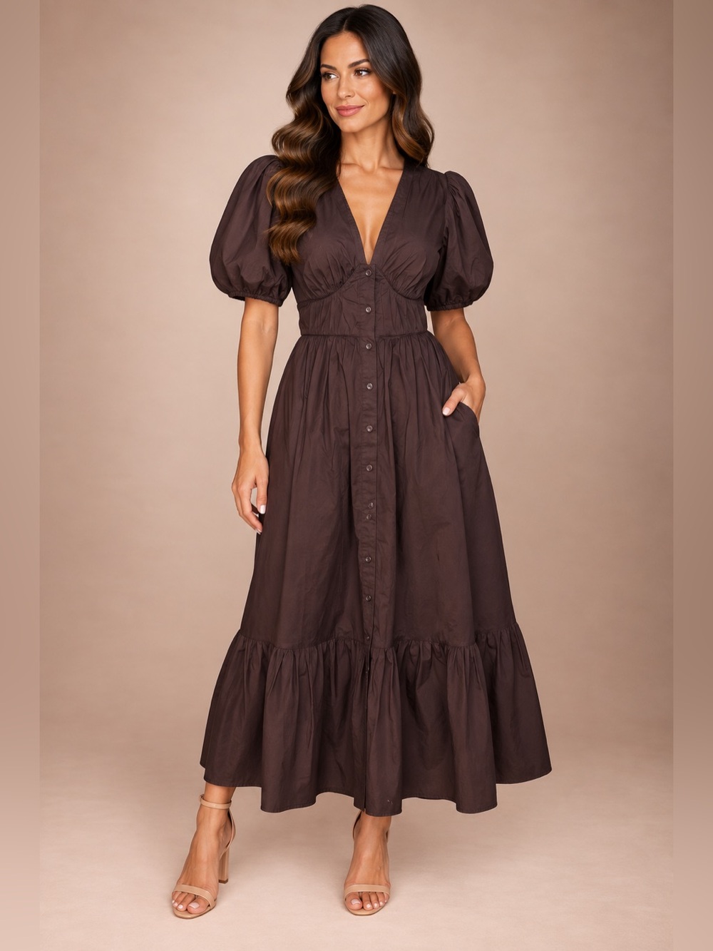 10 Crosby Derek Lam Chocolate Brown Puff-Sleeve Button-Front Maxi Dress